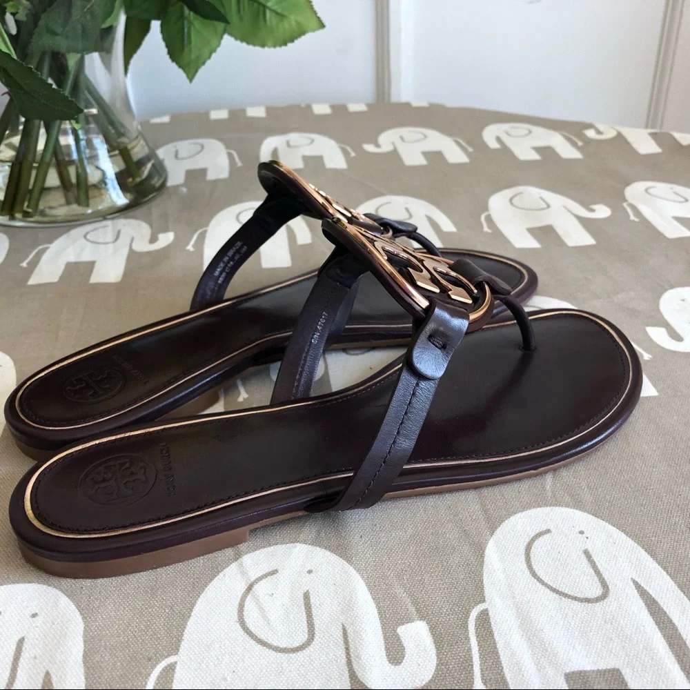 Tory Burch Women’s Dark Brown Miller Sandals with Gold Logo